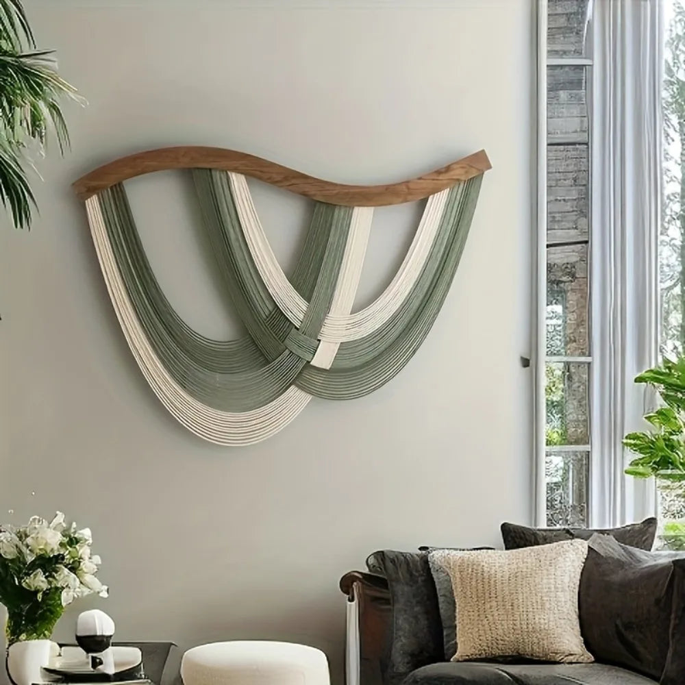 Macrame Wall Hanging Wood Arch Large Bohemian Woven Tapestry with Green Beige Tassels for Living Room Bedroom Boho Wall Decor