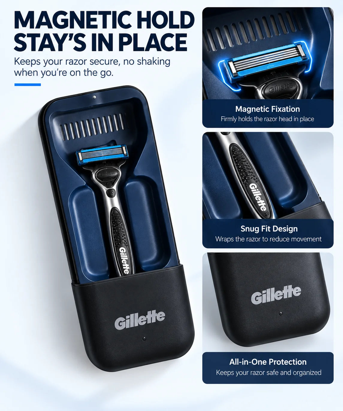 Gillette Brand Black Razor Case Magnetic Travel Case Compatible with Fusion/Magnetic/Match/Vector 3 Series