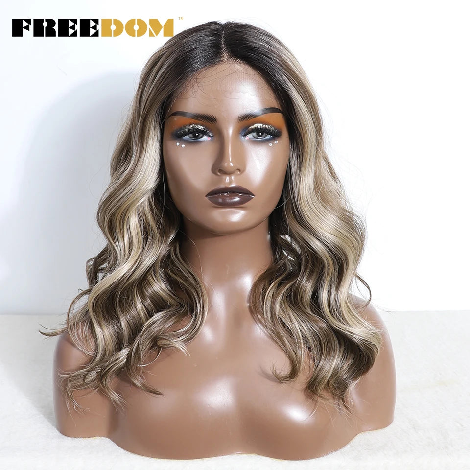 FREEDOM Synthetic Lace Front Wigs For Women 20 inch Short Bob Curly Natural Wavy Wig Ombre Blonde Brown White Wig Cosplay Wig