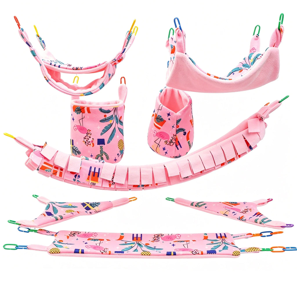 8pcs Small Pet Hammock Set Hanging Bed Hideout Tunnel Swing Toy for Hamster Cage, Pink