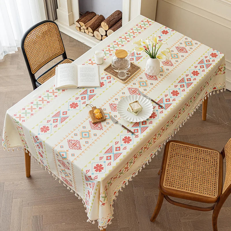 Waterproof and Oil Resistant Tablecloth Cotton and Linen Non Wash Fabric Ethnic Style Rectangular Tassel Homestay Tablecloth