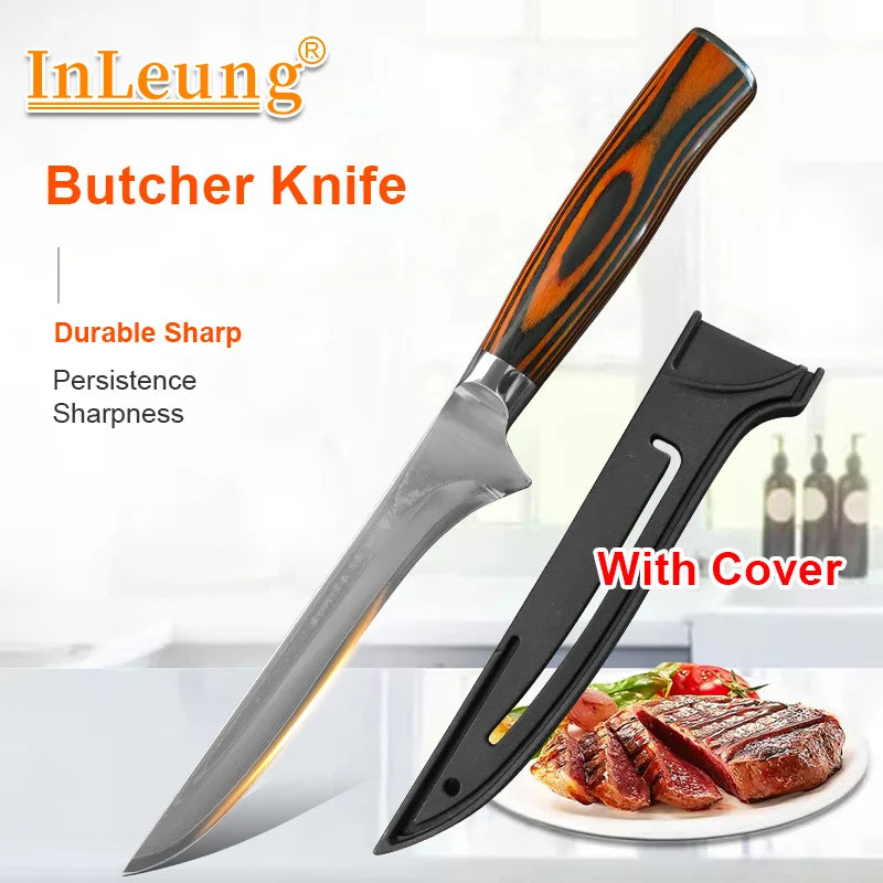 6 Inch Damascus Steel Boning Knife, Yellow Handle, Meat Cutting Fillet Butcher Knife