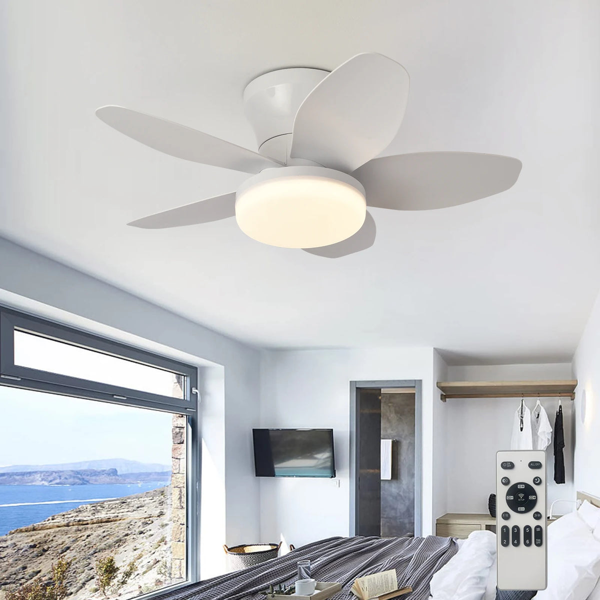25 inch Ceiling Fans with Lights and Remote,Flush Mount Ceiling Fan,Reversible Quiet DC Motor Low Profile Ceiling Fans For Livin