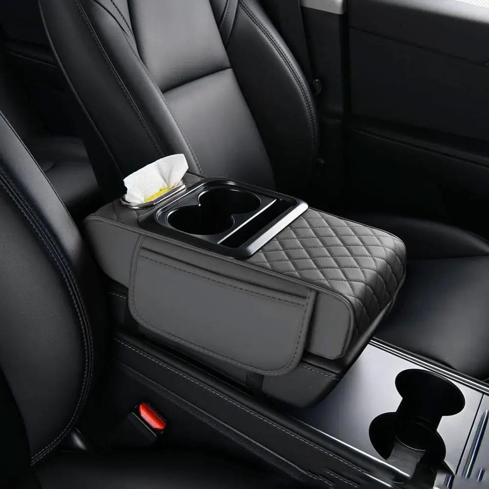 Car Armrest Box Multifunctional Thicken Height Pad Arm Rest Cushion with Pocket Tissue Cup Holder PU Elbow Support Height Pad
