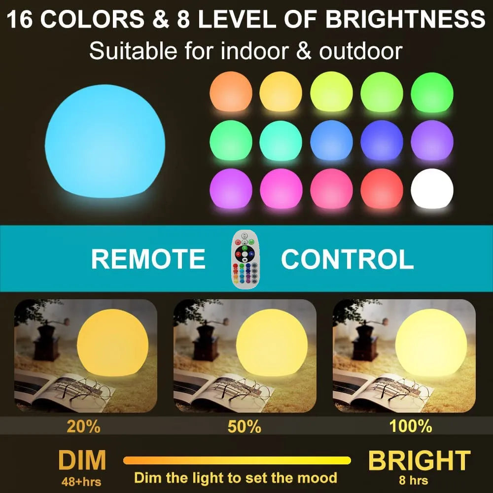 Waterproof LED Garden Ball Light RGBW Rechargeable with Remote, 10-25cm Outdoor Lawn Lamp