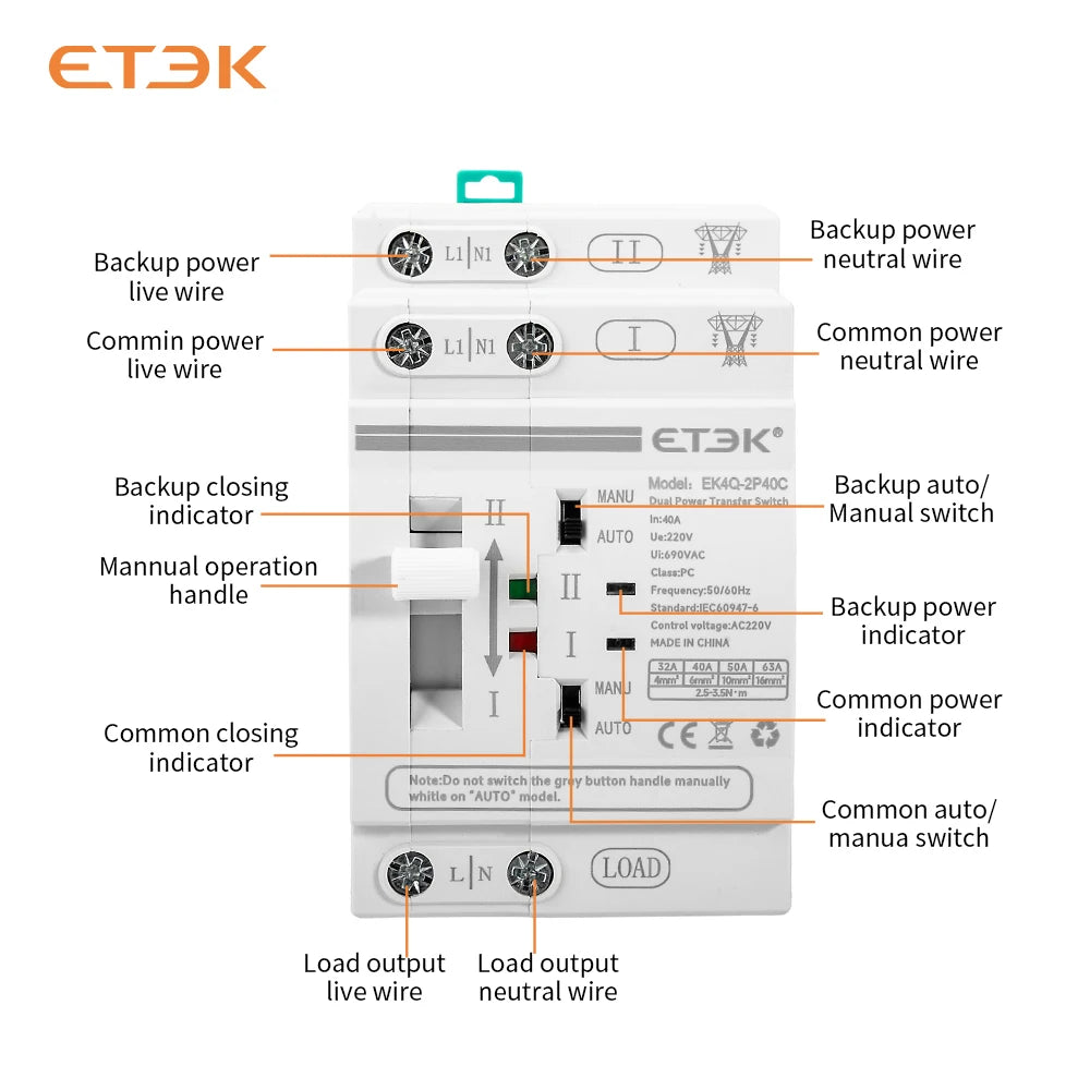 ETEC Din Rail 2P/4P ATS Dual Power Automatic Transfer Switch Electrical Selector Switches Uninterrupted Power 40A/63A PV Energy