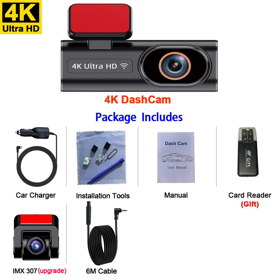 Ultra HD Dash Cam 4K Loop Recording 24H Parking Monitoring Optional 1080P Night Vision Rear Camera Supports WiFi APP Control
