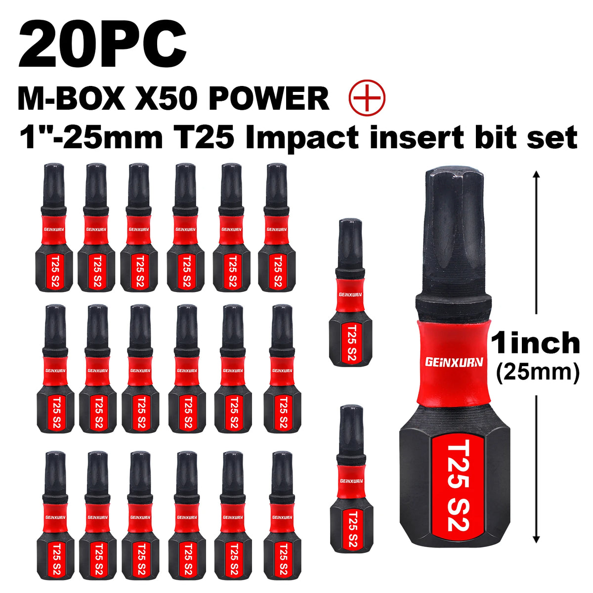 Geinxurn T25 Impact Tough Magnetic Screwdriver Bit Set, #25 Torx Head Power Bits, S2 Alloy Steel Star Bits with Storage M-Box
