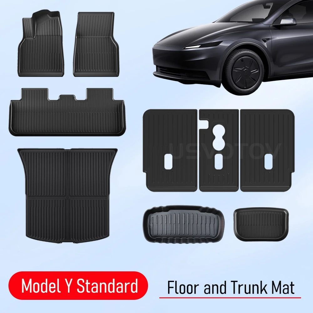 Tesla Model Y Standard 2025-2026 TPE trunk mat set, rear cargo + frunk options