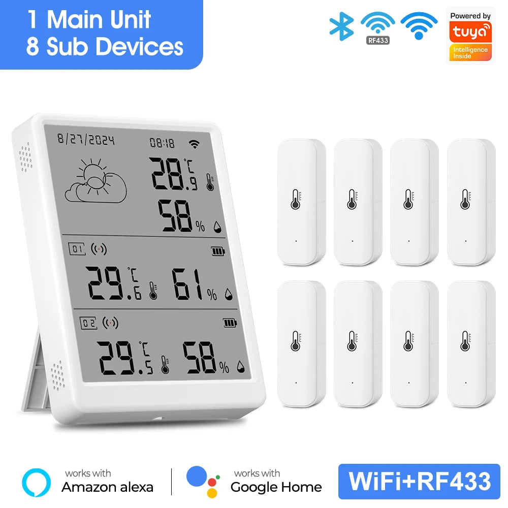 Tuya WiFi Weather Station Digital Thermometer Room Hygrometer RF433 Indoor Outdoor Humidity Temperature Sensors Table Wall Clock