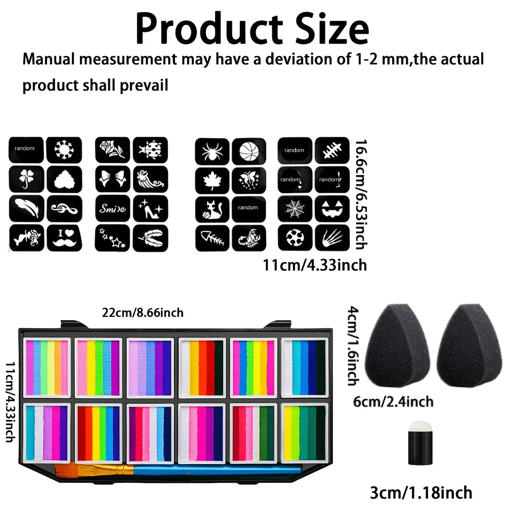 65-Color Face & Body Paint Palette with 32 Stencils, Bright Long-Lasting Makeup, 100g