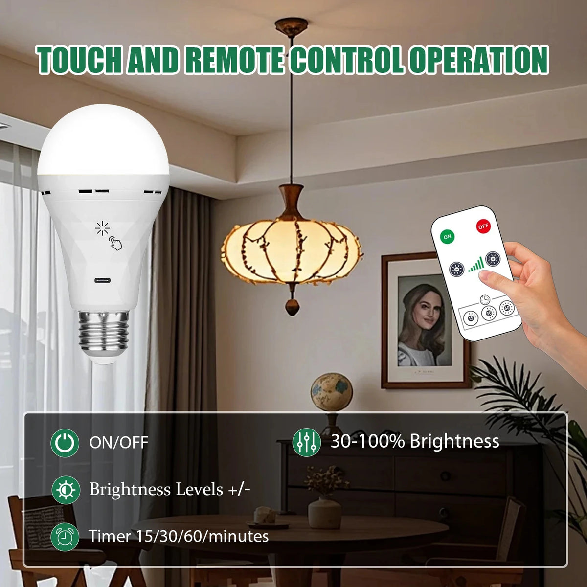 HOMEFISH E27 Rechargeable LED Bulb Touch Control Dimmable with Timer, Warm/White Light 1pc