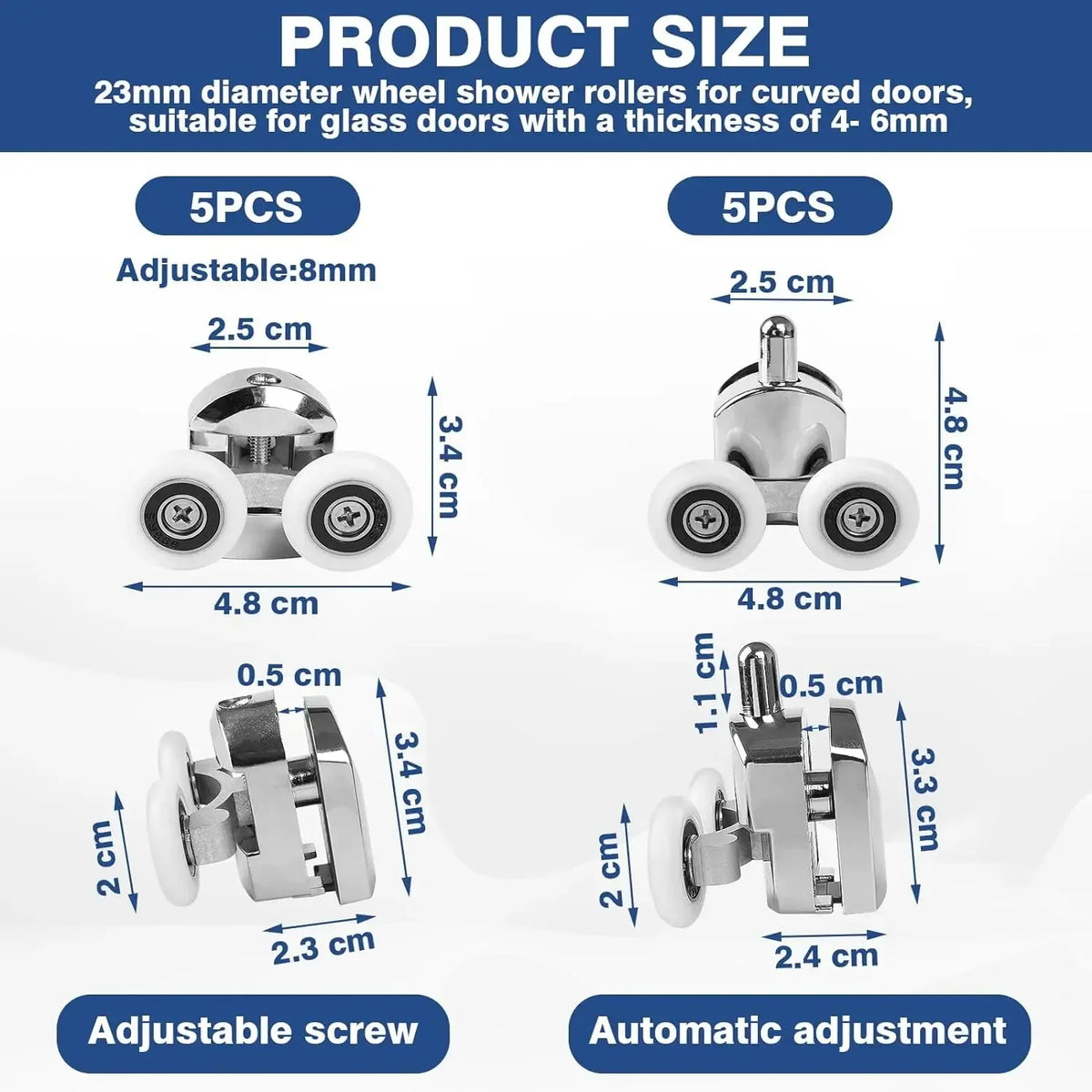 23mm Shower Door Rollers Zinc Alloy Shower Door Wheels Curved Shower Rollers with Anti-Collision Block Bathroom Door Accessories