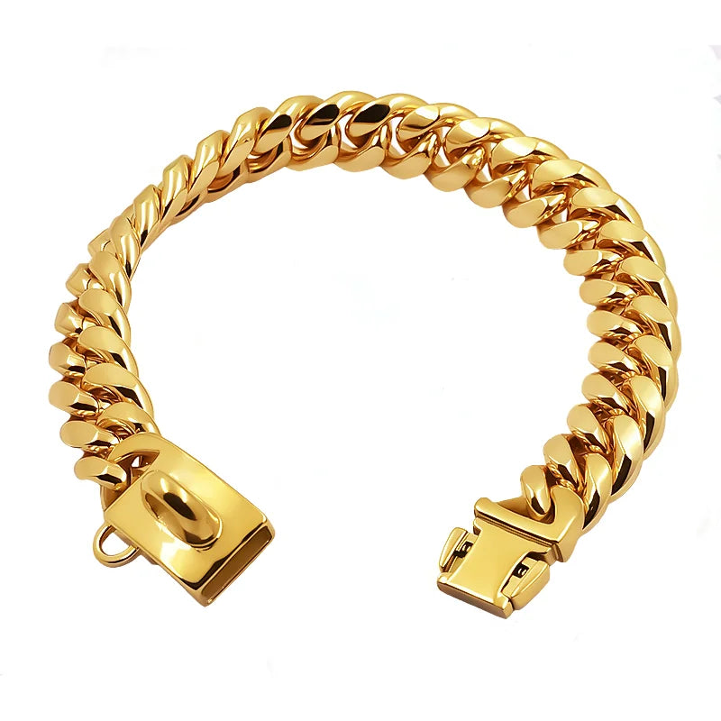 Metal Dog Collar Stainless Steel Pet Choker Gold Cuban Link Chain 14mm Wide Lead for Small Medium Large Dogs Pet Accessories