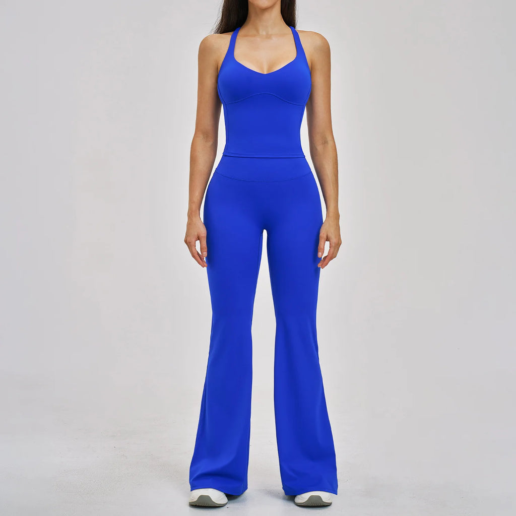 Women's 2pc Yoga Set High Waist Leggings + Top Workout Gym Tracksuit, Black/Blue S-XL
