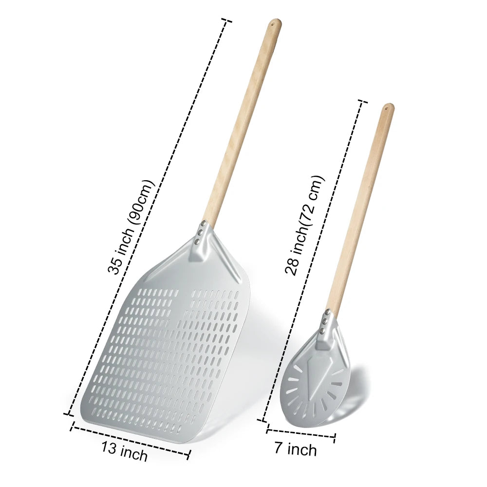 SHANGPEIXUAN Perforated Pizza Peel with Turning Pizza Peel Wood Handle Pizza Shovel Anodized Short Spatulas Baking Tools