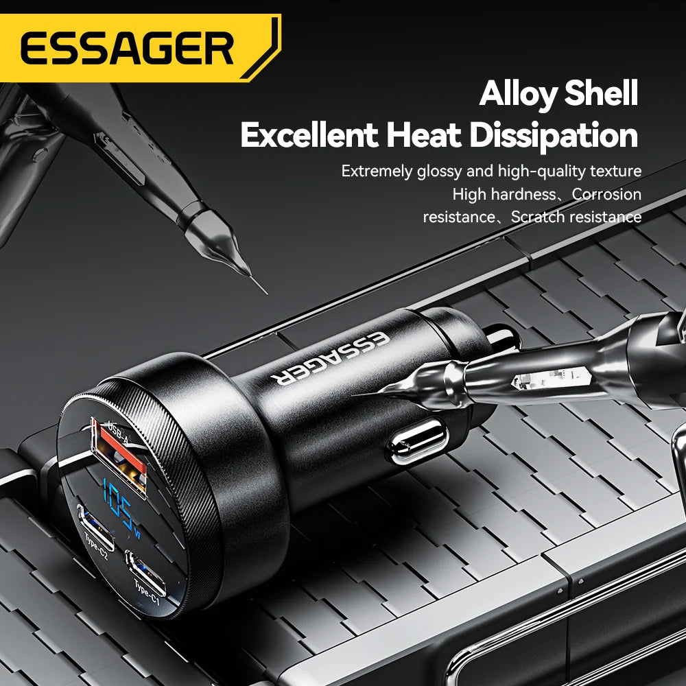 Essager 105W Digital Display Fast Car Charger For iPhone 15 14 pro MacBook USB A C Quick Charger For Xiaomi Samsung OPPO