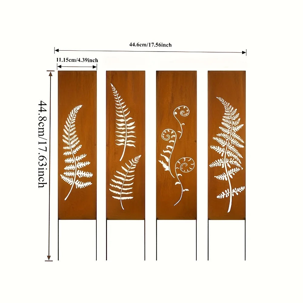 4pcs Hand-Welded Rustic Iron Fern Panel Privacy Screen with Stakes - Durable Outdoor/ Garden Fence Suitable for, Wedding