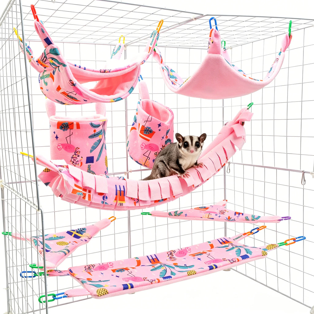 8pcs Small Pet Hammock Set Hanging Bed Hideout Tunnel Swing Toy for Hamster Cage, Pink