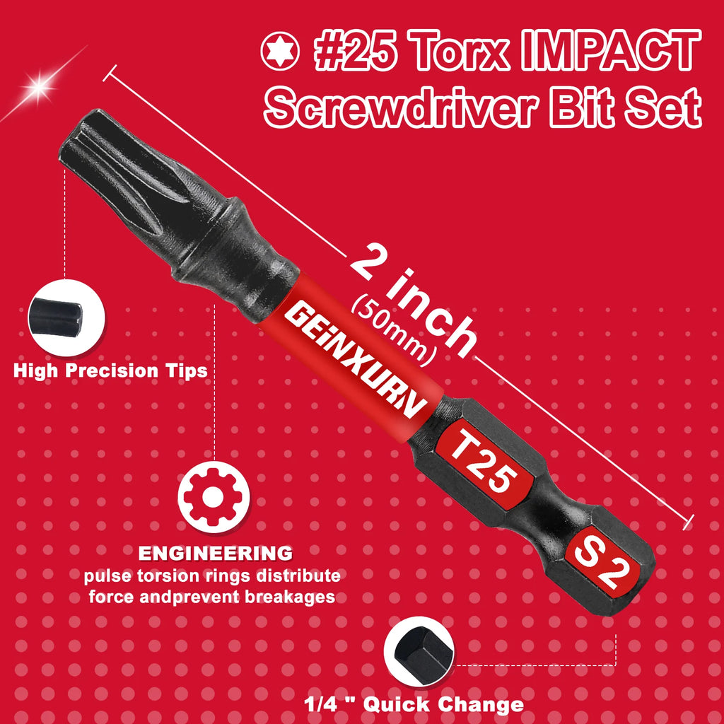 Geinxurn T25 Impact Tough Magnetic Screwdriver Bit Set, #25 Torx Head Power Bits, S2 Alloy Steel Star Bits with Storage M-Box