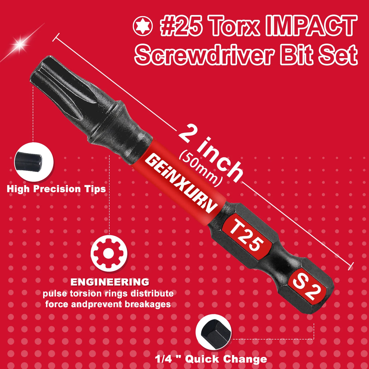 Geinxurn T25 Impact Tough Magnetic Screwdriver Bit Set, #25 Torx Head Power Bits, S2 Alloy Steel Star Bits with Storage M-Box