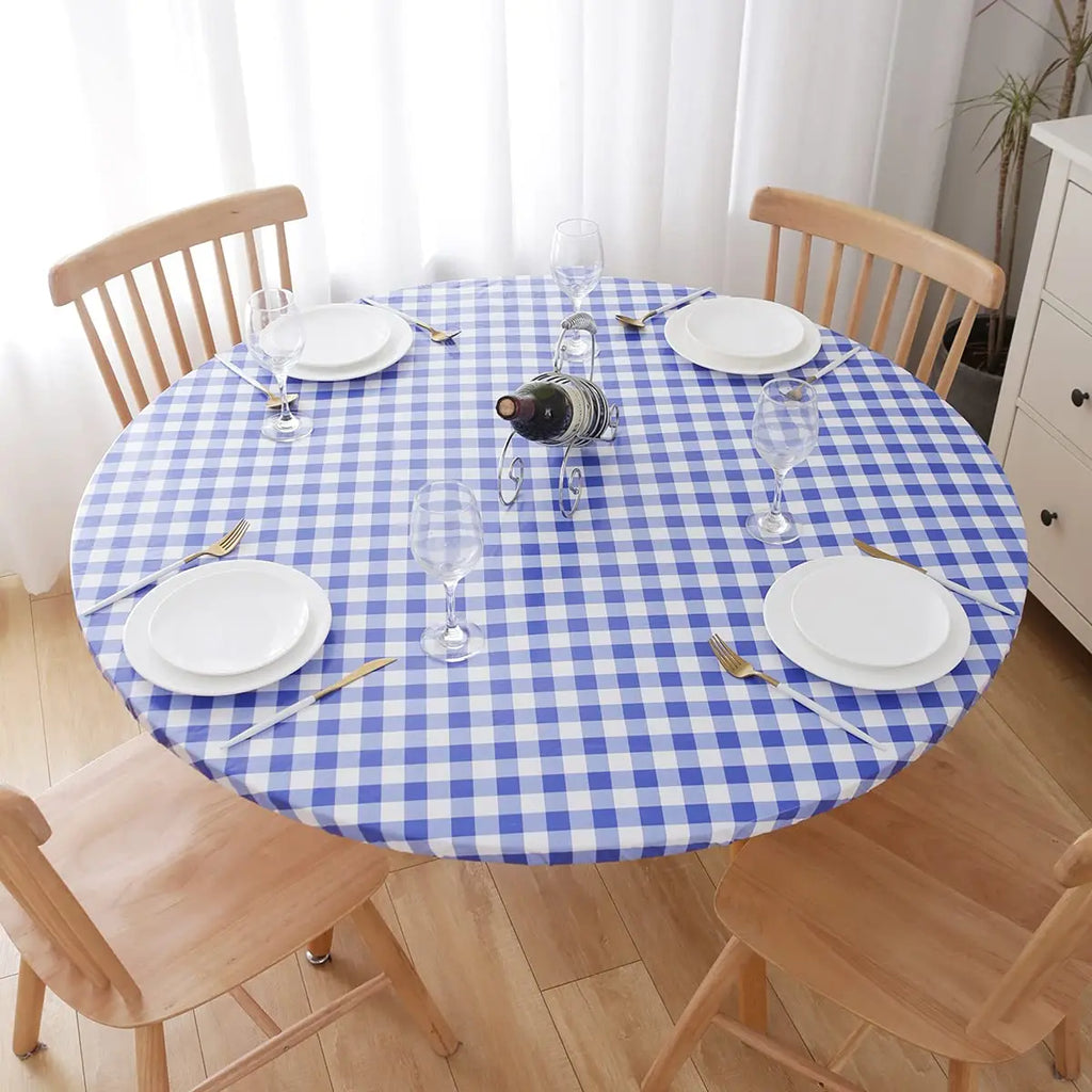 Fitted Round Plastic Vinyl Table Cloth Flannel Backing Elastic Edge Waterproof Table Protector for Dining Room Table Cover
