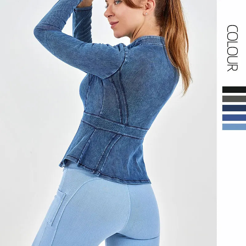 Autumn Winter New Arrival Denim Yoga Zipper Jacket Women Gym Fitness High Collar A-line Hem Slimming Long Sleeve Workout Tops