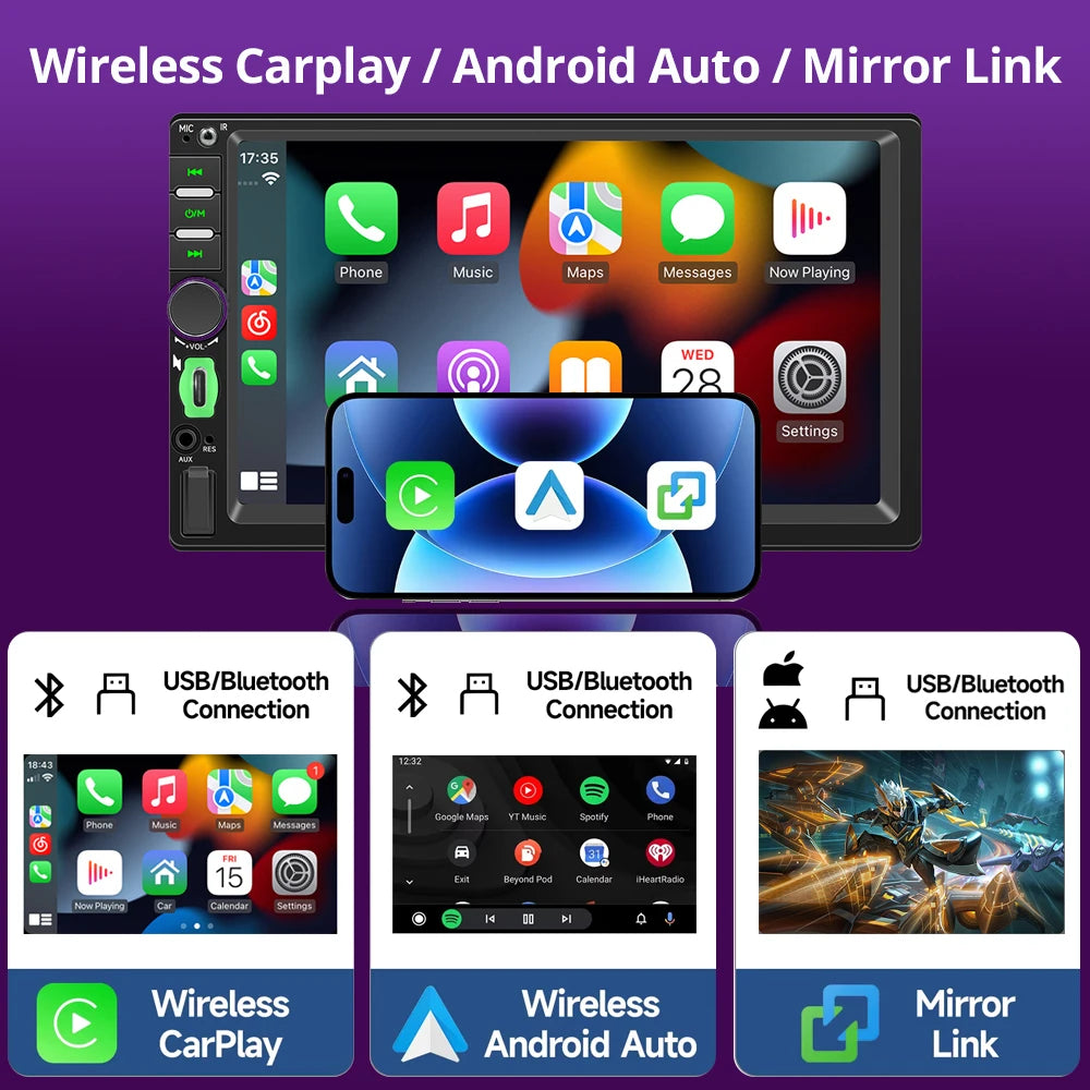 2Din 7'' Bluetooth Car Radio Wireless Carplay Android Auto MP5 For Car Mirror Link Type-C Charging AUX FM Universal Car Audio