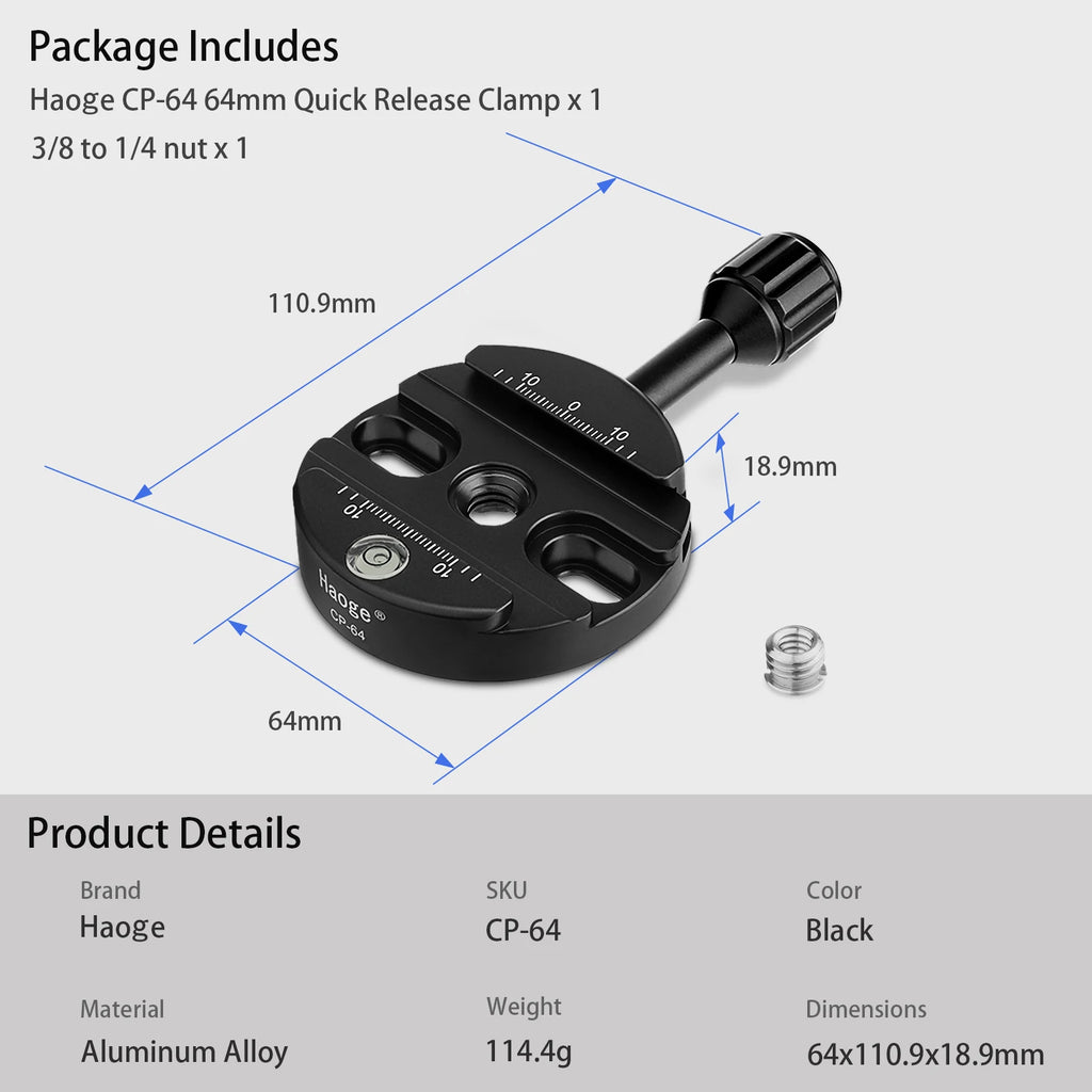 Haoge 64mm Screw Knob Clamp Adapter Mount for Quick Release QR Plate Camera Tripod Ballhead Monopod Ball Head Fit Arca Swiss