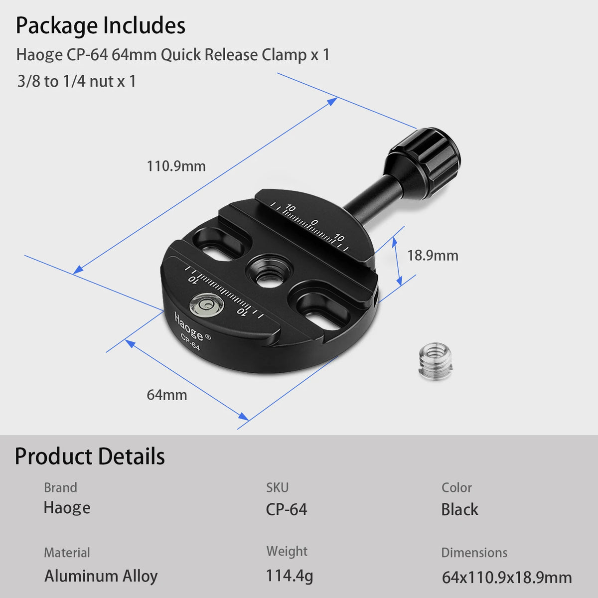 Haoge 64mm Screw Knob Clamp Adapter Mount for Quick Release QR Plate Camera Tripod Ballhead Monopod Ball Head Fit Arca Swiss
