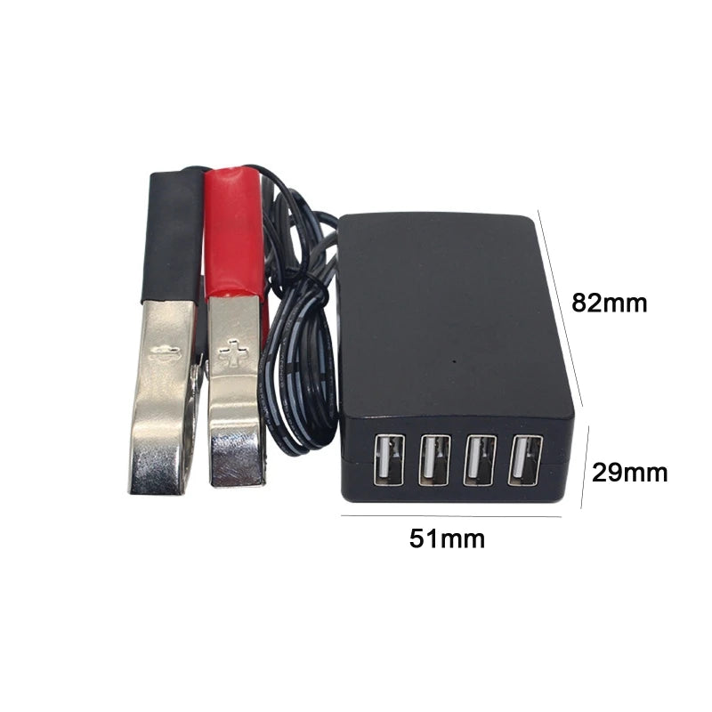 4-Port USB Power Adapter w/ Battery Clips 12V/24V to 5V 8A Phone Charger