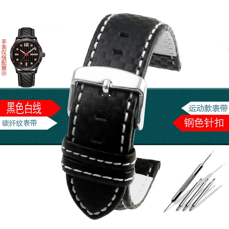 Carbon Fiber Pattern Leather Watch Strap 18mm 20mm 21mm 22mm 23mm 24mm Black Red Orange Stitching Watchband Bracelet Wristband