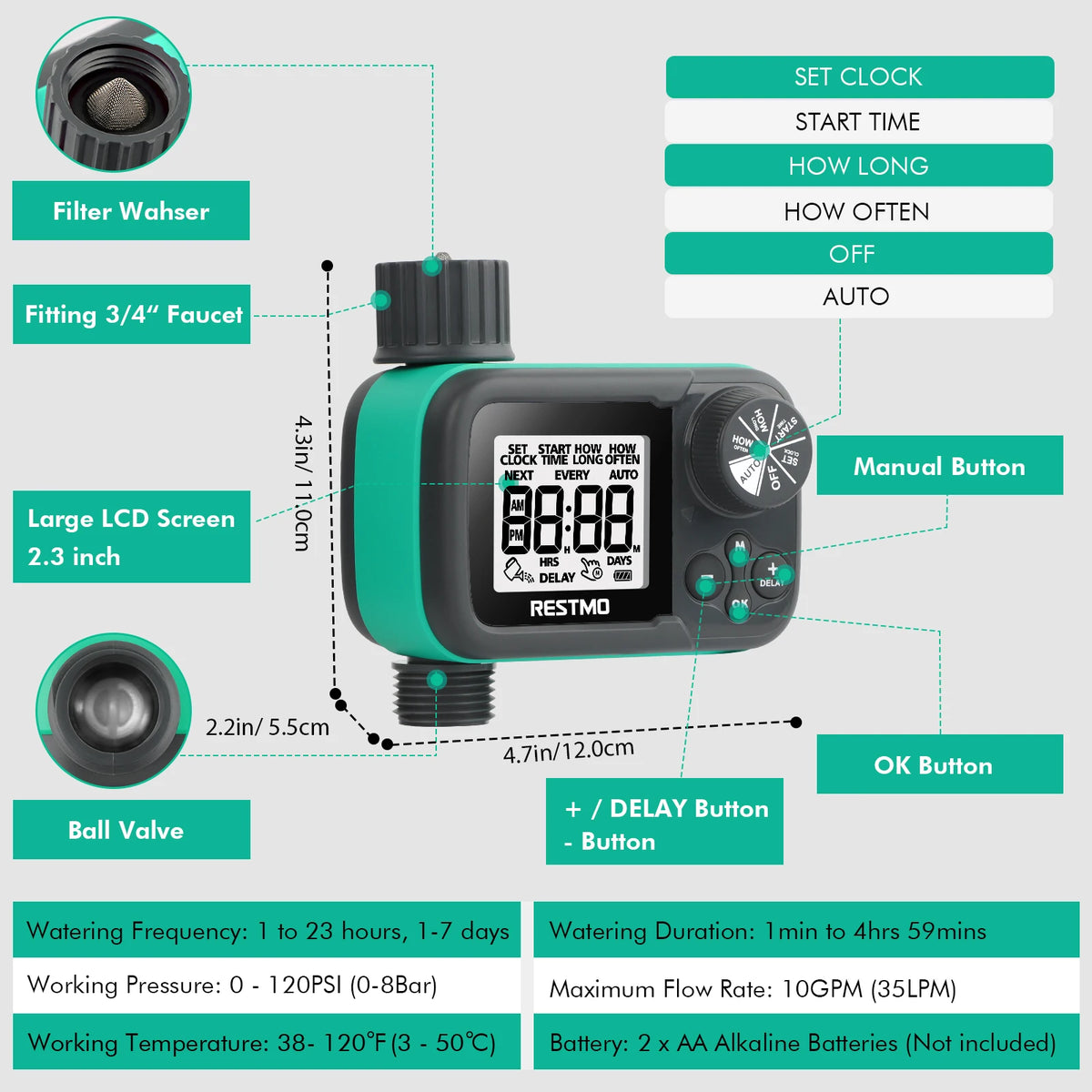 Low Water Pressure Garden Water Timer Sprinkler Controller for Rain Barrels, Green