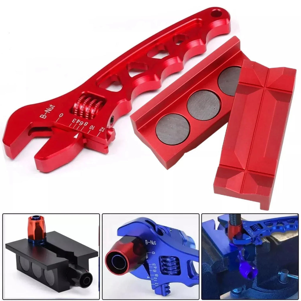 Billet Aluminum Adjustable Spanner Wrench + Vise Jaw Insert for Hose End Fitting Black Blue