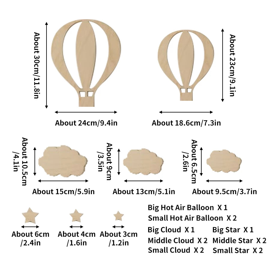 13Pcs Ins Wooden Hot Air Balloon Cloud Star Set Wall Stickers Home Decoration Background Wooden Wall Stickers Holiday Decoration Wall Crafts Cute Wooden Balloon Wall Stickers for Boys and Girls' Rooms Homestay Coffee Bar Decorative Wall Decorations