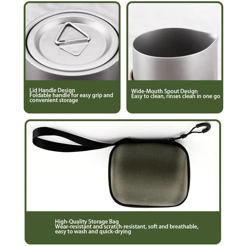 Titanium-plated stainless steel portable travel tea set, including teapot and double-walled tea cups, lightweight outdoor campi