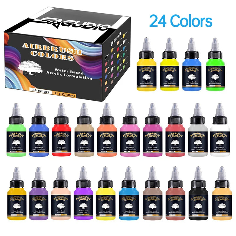 12/24 Colors Airbrush Paint Set Water Based 30ml Acrylic Paint Modle Spary Paint for DIY Nails Painting Air Brush Paint Kit