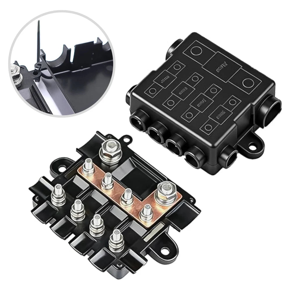 Fuse Holder For 1x-MEGA + 4x -MIDI Fuses With Busbar & Protective Cover High Strength ABS Stable Current Distribution -Universal
