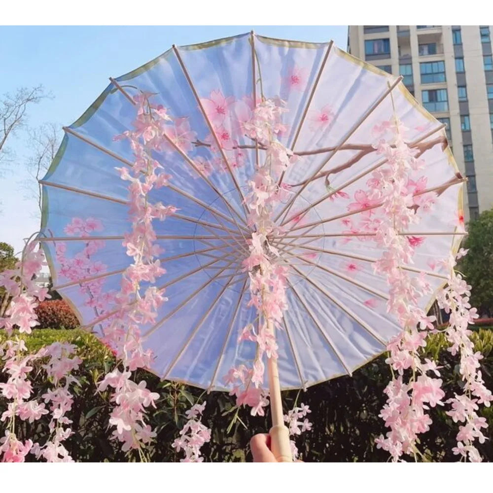 82CM 32'' Skyblue Hanfu Parasol Flowers Waterproof Car Umbrella Dance Cosplay Japan Sakura Spring OilPaper Cosplay El Principito