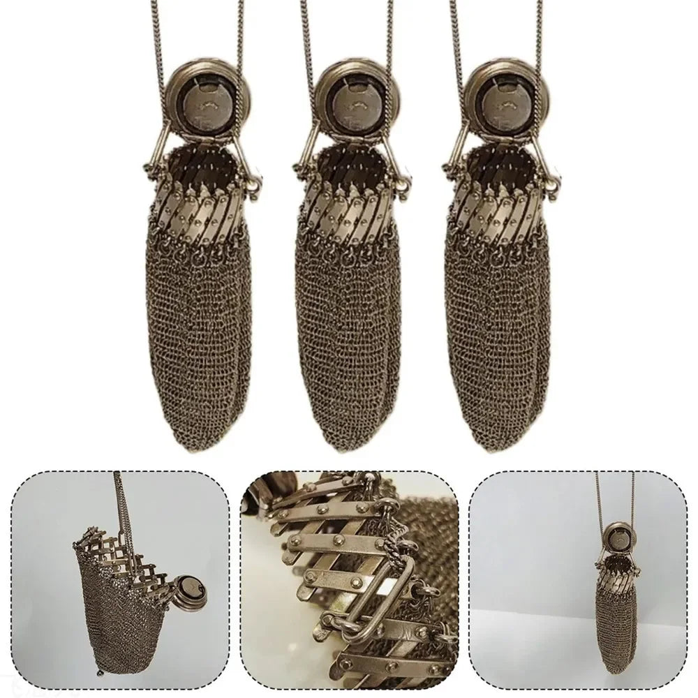 1920's English Handmade Coin Purse Chain Nail Vintage Shrink Coin Purse Double Mesh Bag Stainless Steel Coin Collection Bag