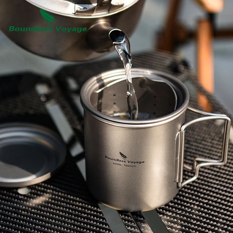 Boundless Voyage 420ml Titanium Mug with Strainer & Lid Lightweight Camping Single Layer Tea Cup with Filter Outdoor Drinkware