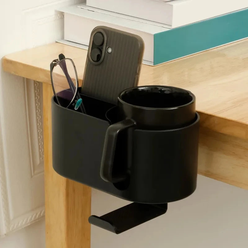 4-in-1 Clip-On Desk Cup Holder with Headphone Hanger, Adjustable Black
