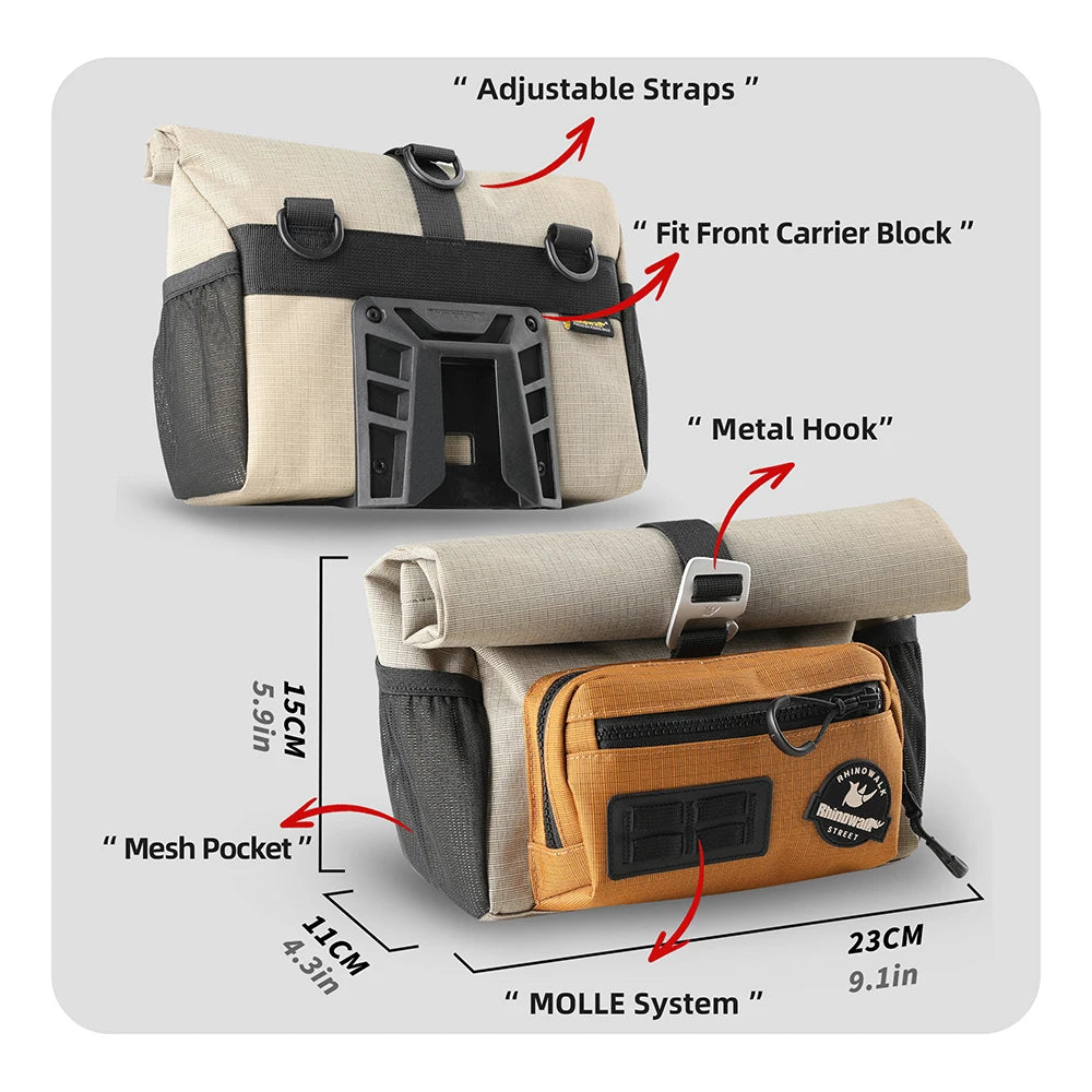 Rhinowalk Bike Handlebar Bag 4L Quick Release For Brompton Folding Bike Front Tube Basket Bag With MOLLE System Urban Cycling