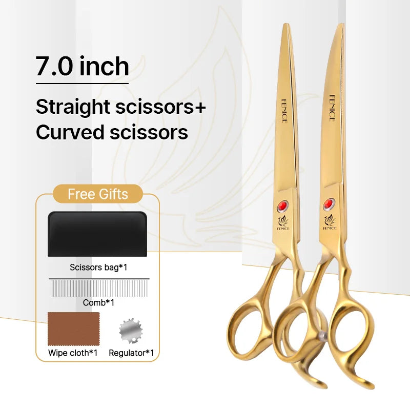 Fenice New design colorful 7.0 inch pet grooming scissors set straight thinning curved scissors