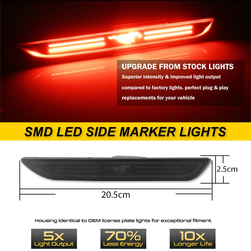 2pcs Car LED Rear Side Marker Light Reflectors For Ford Mustang 2015-2023, Red Rear Fender Bumper side Marker Lamps Assembly