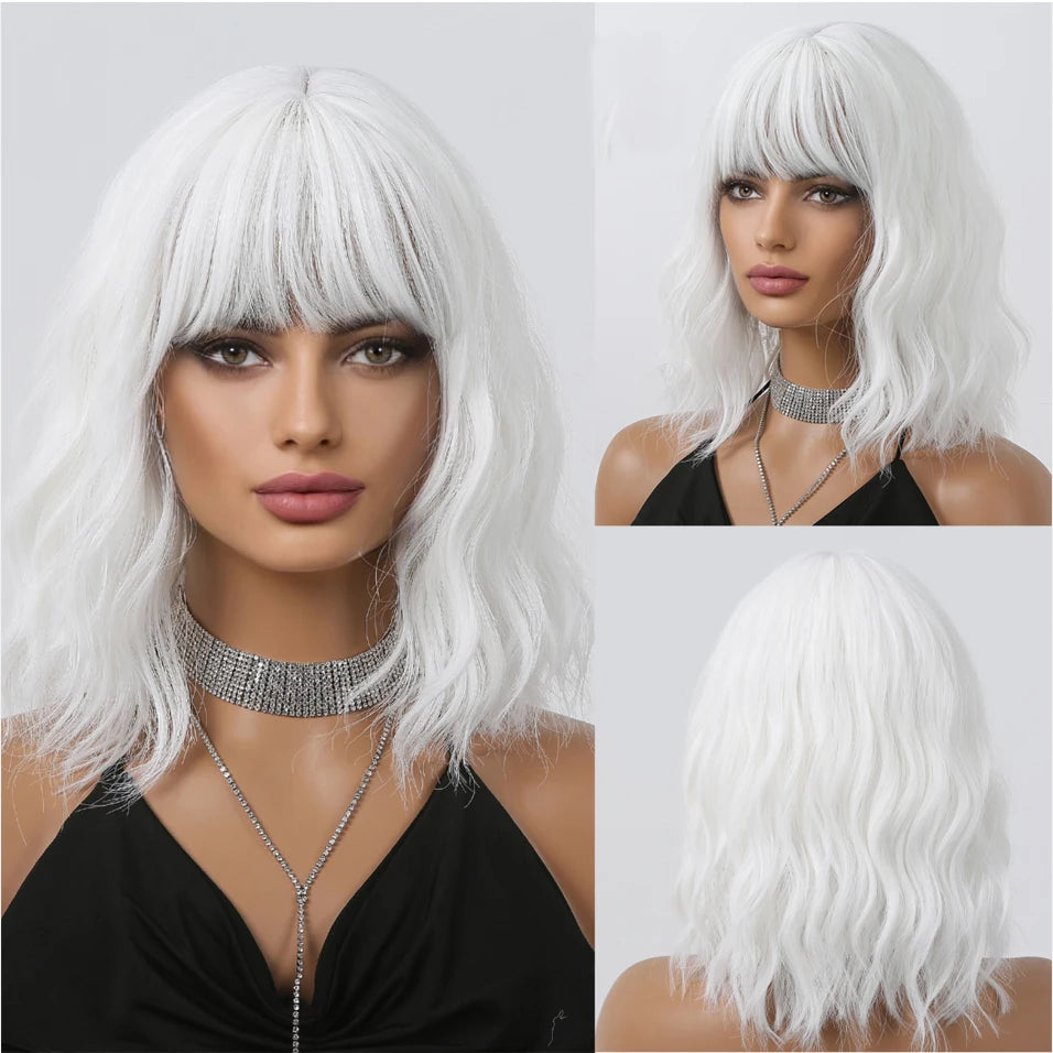 HENRY MARGU Platinum Blonde Short Curly Synthetic Wigs Short Wave Bob Hair Wigs Middle Part Natural Hairline Wig Heat Resistant