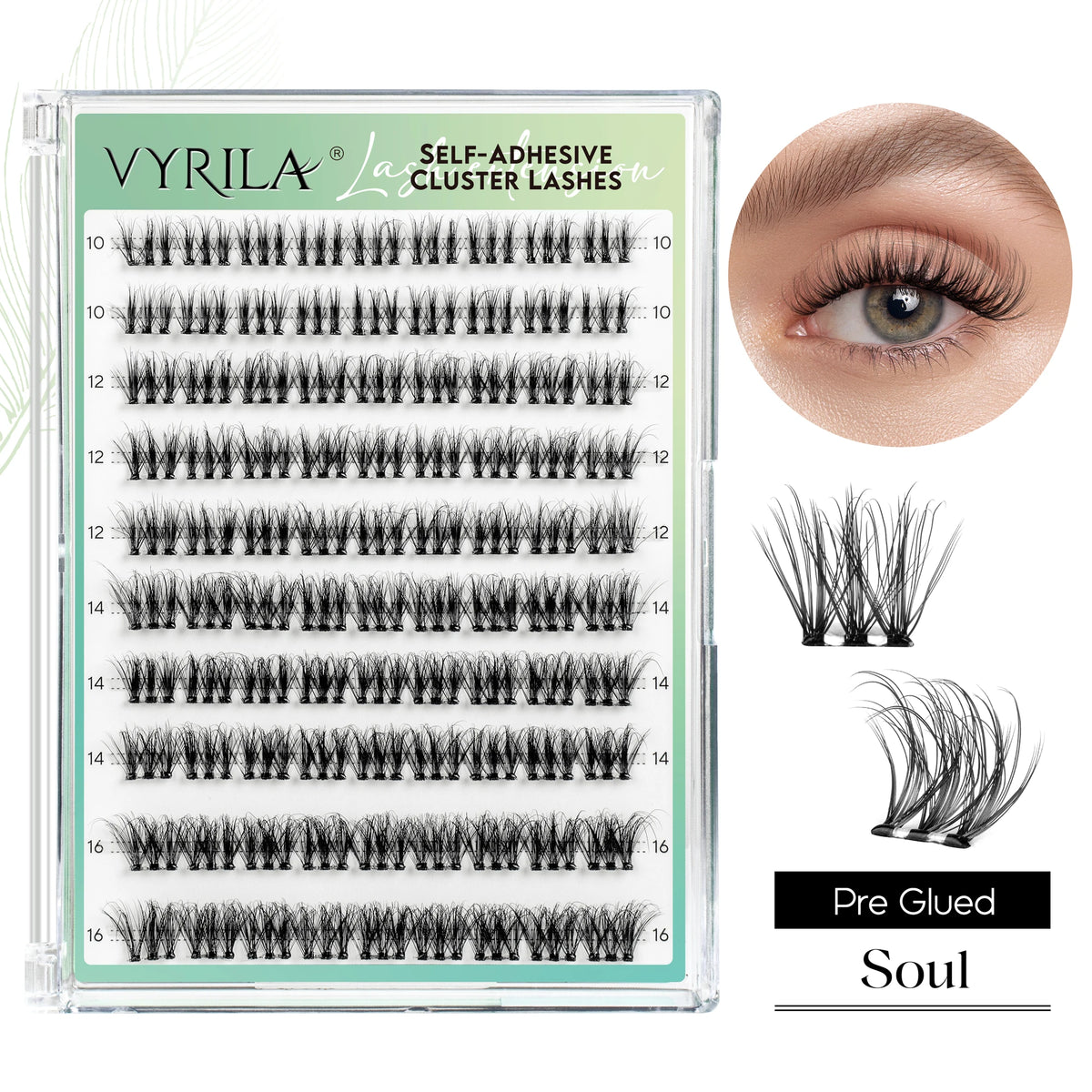 VYRILA Self Adhesive Cluster Eyelashes D Curl 10-16mm Pre-Glued Press-On Lashes