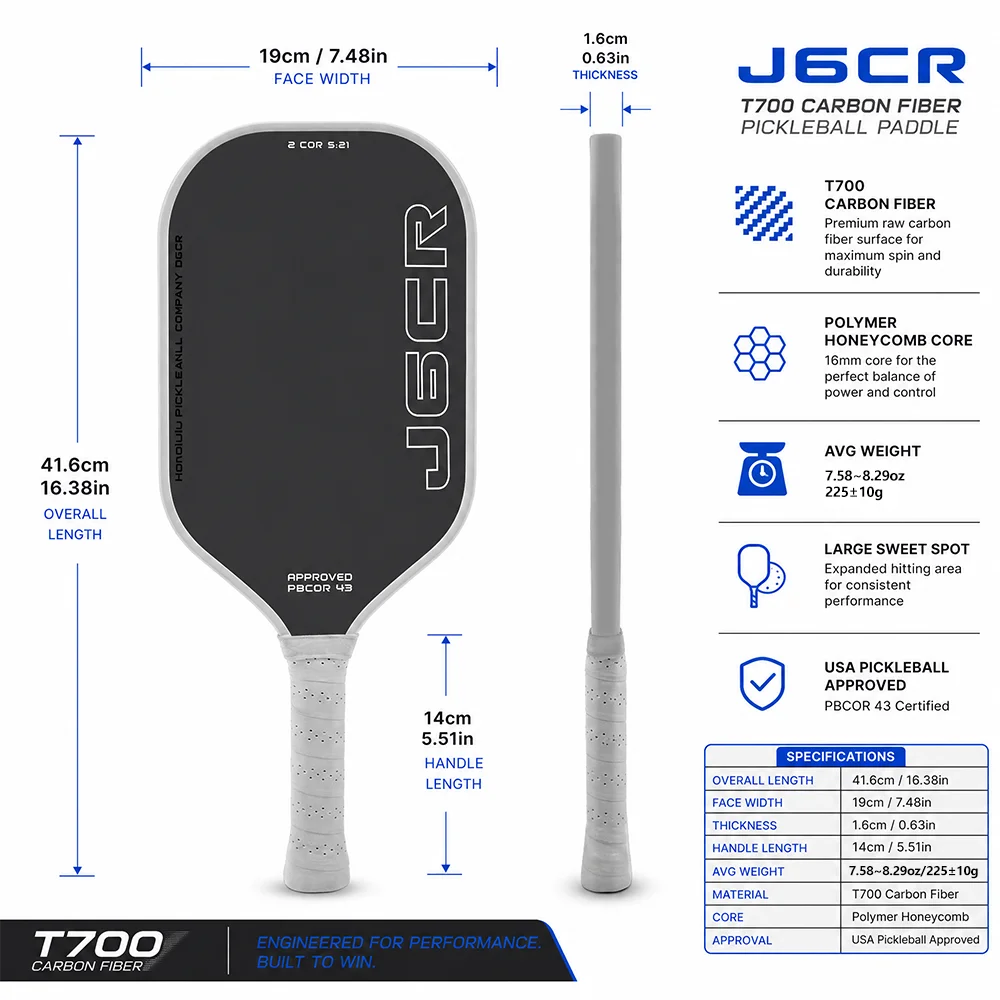 J6CR Pickleball Paddle T700 Carbon Fiber 16mm Honeycomb Core, Blue or White