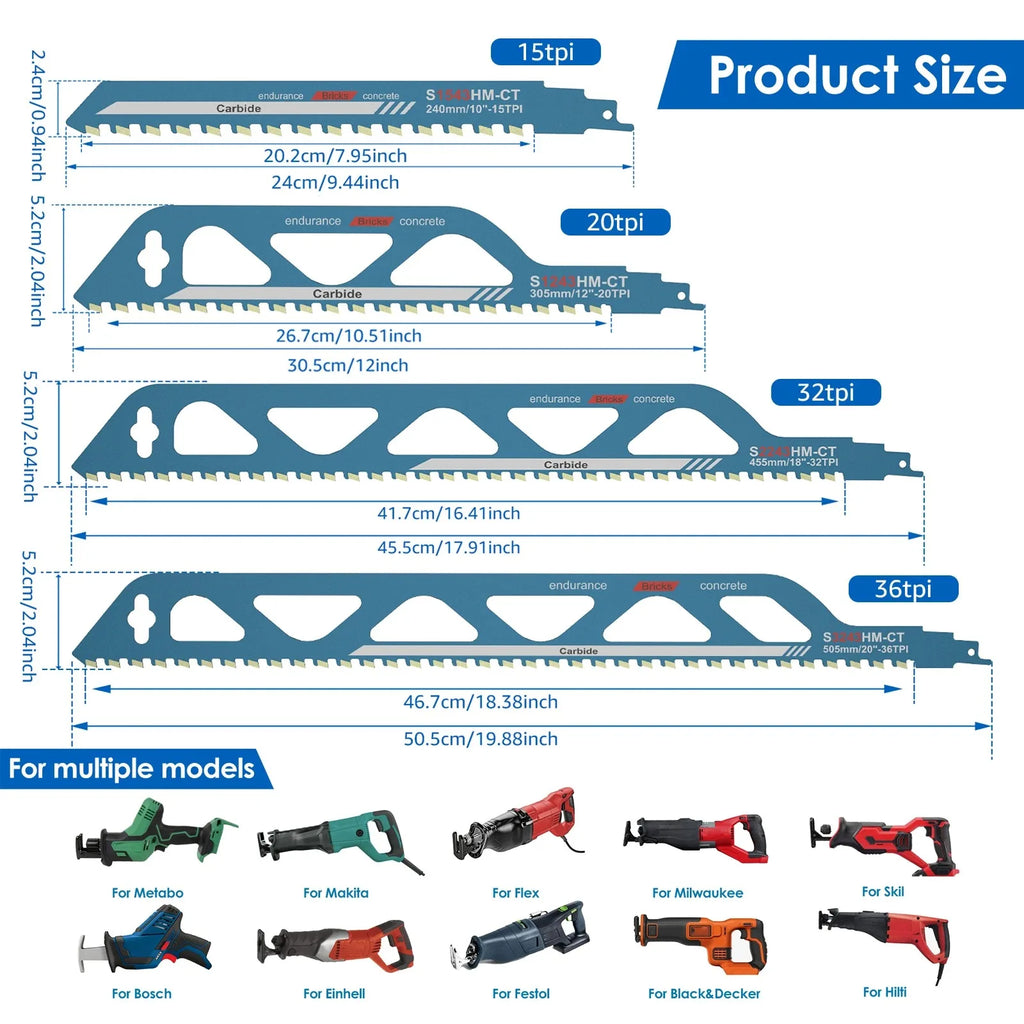 Reciprocating Saw Blade 10/12/18/20in Universal Cutting Recip Sabre Saw Blade Masonry Cutting Blade for Cement Composite Panels