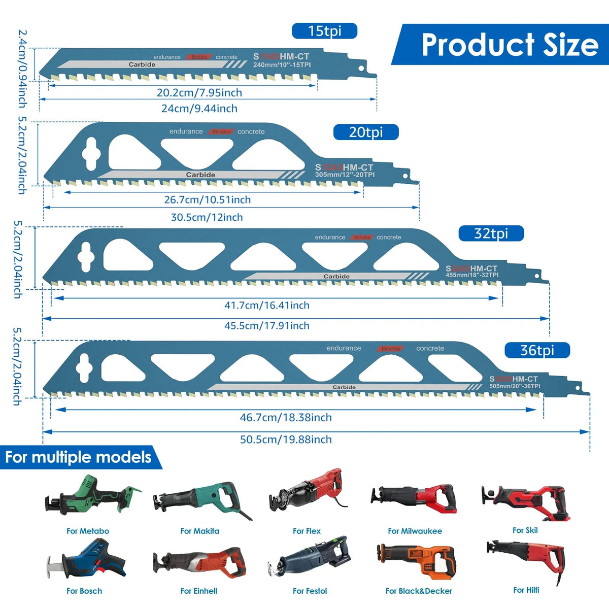 Reciprocating Saw Blade 10/12/18/20in Universal Cutting Recip Sabre Saw Blade Masonry Cutting Blade for Cement Composite Panels